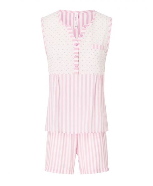 Pijama corto de mujer fucsia plumeti y rayas sin mangas chaqueta cuello con botones y pantalón corto.