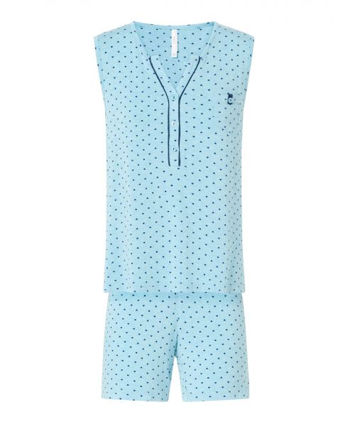 Women's pyjama shorts, turquoise hearts print, sleeveless jacket with button-down collar, decorative pocket and shorts.