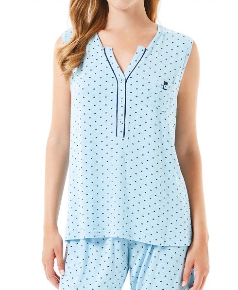 Detail view of turquoise summer sleeveless pyjamas with open collar with buttons and pocket