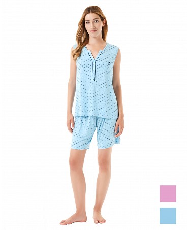Women's sleeveless summer pyjama shorts with open v-neck turquoise hearts