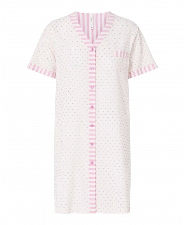 Women's short nightdress, pink plumeti print, open with buttons, short sleeves, V-neck.