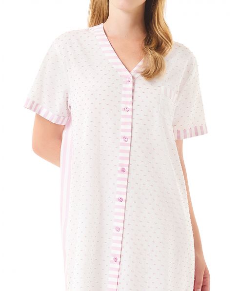Detail view of pink open summer nightgown with plumeti buttons