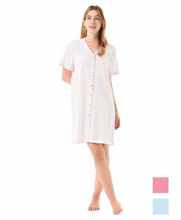 Woman wears short pink open summer nightgown with buttons