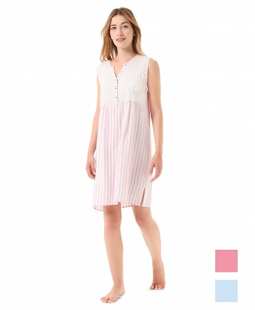 Woman in short sleeveless summer nightgown in pink striped plumeti