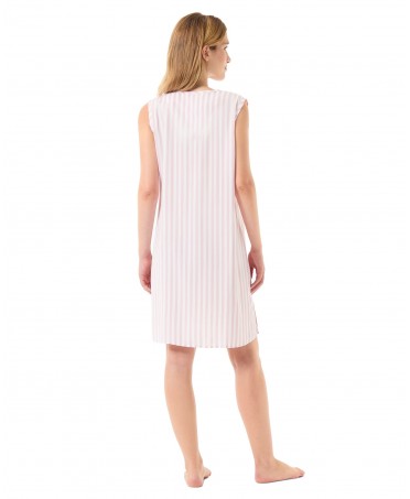 Rear view of woman in pink striped summer nightdress with sleeveless plumeti and pink stripes