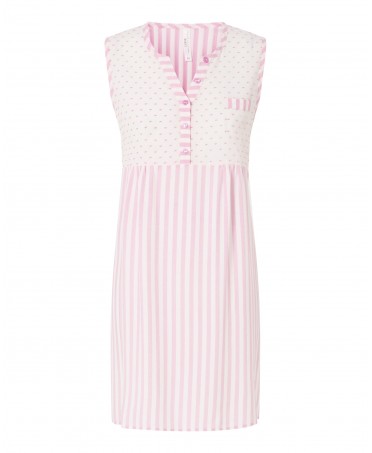 Camisón corto de mujer, estampado rosa plumeti y rayas sin mangas, cuello pico con botones y bolsillo.
