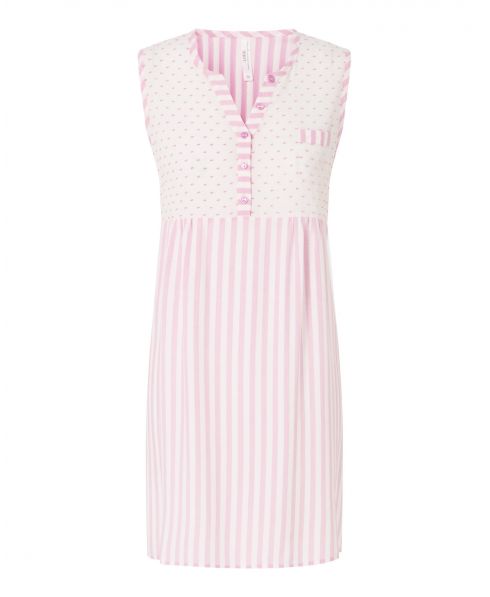 Women's short nightdress, sleeveless pink plumeti and stripes print, V-neck with buttons and pocket.