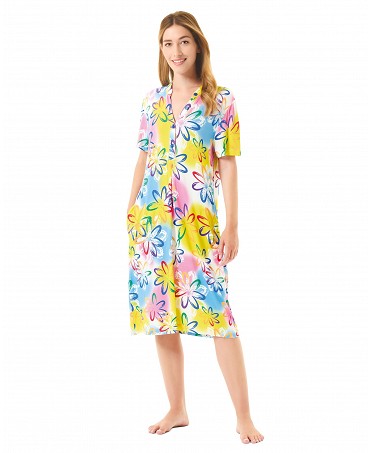 Women's short summer dress with floral print and open collar with button fastening