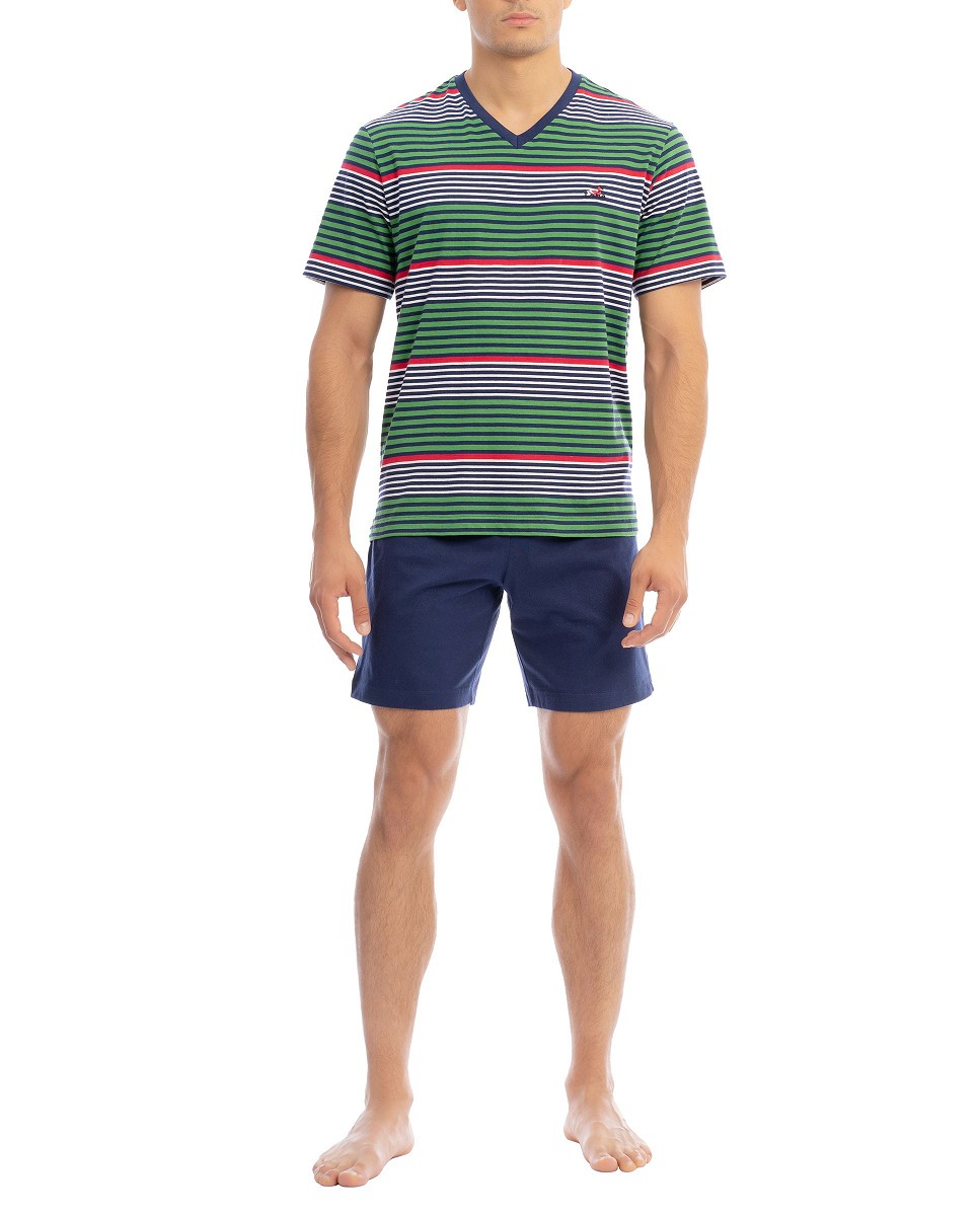 Men's short-sleeved striped pyjama shorts with V-neck and matching plain trousers