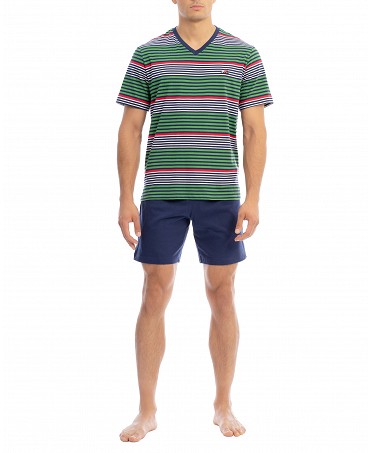 Men's short-sleeved striped pyjama shorts with V-neck and matching plain trousers