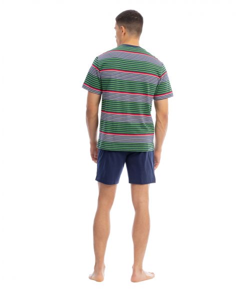 Male model with his back to the camera wearing a pair of cool summer pyjamas by Lohe in green.