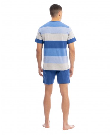 Back model wears short summer sleepwear in shades of blue and blue stripes