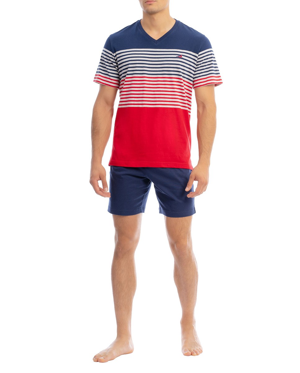 Lohe men's pyjama shorts in striped short sleeves, V-neck and plain trousers