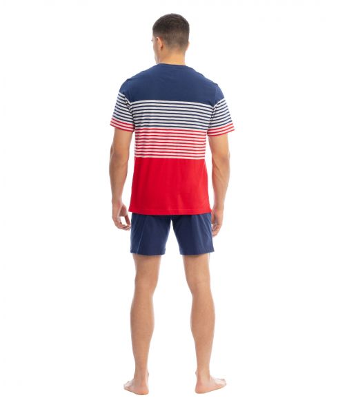 Gentleman in short summer pyjamas with two-tone stripes, navy and red