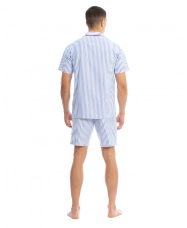 Back view of men's summer pyjamas with blue striped print sleeve and shorts
