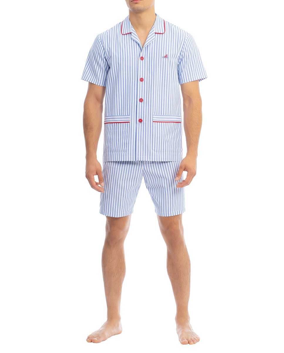 Men's short pyjamas summer collection with stripes. Short sleeves and red details