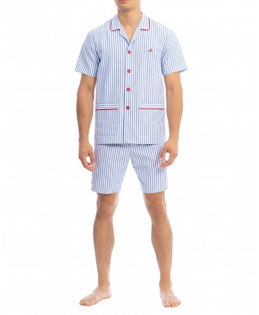 Men's short pyjamas summer collection with stripes. Short sleeves and red details