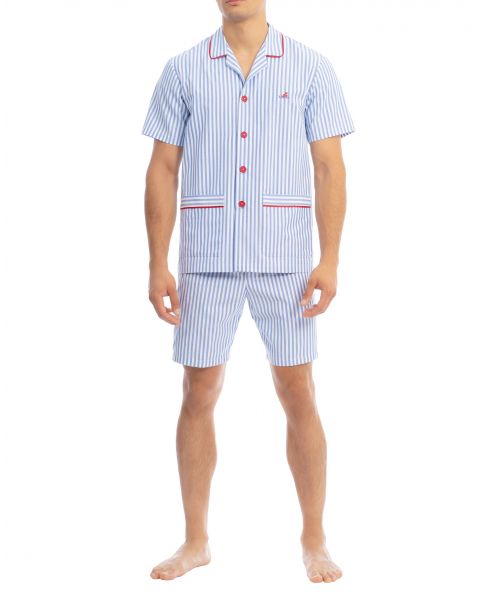 Pijama corto de hombre colección verano a rayas. Manga corta y detalles en rojo