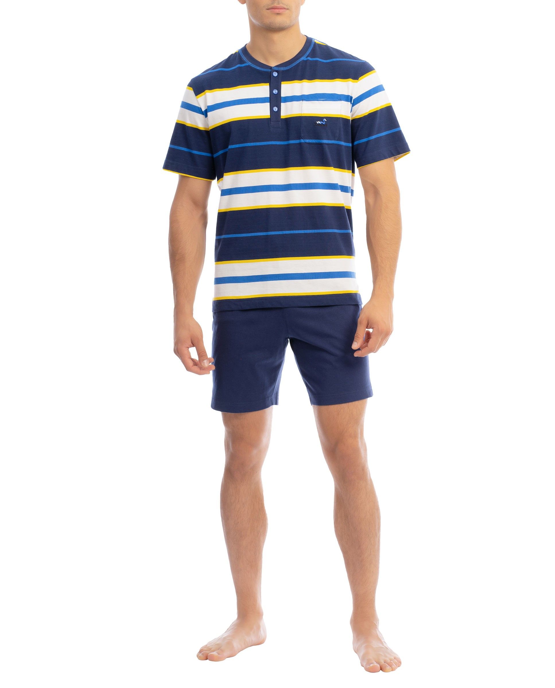 Men's short sleeve striped pyjama shorts with round neck and plain trousers