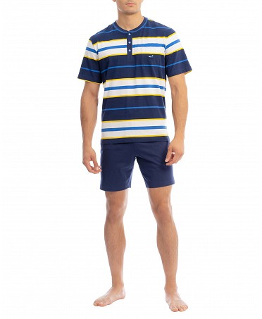 Men's short sleeve striped pyjama shorts with round neck and plain trousers
