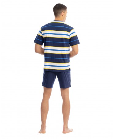 Man in striped cotton summer pyjama shorts with shorts