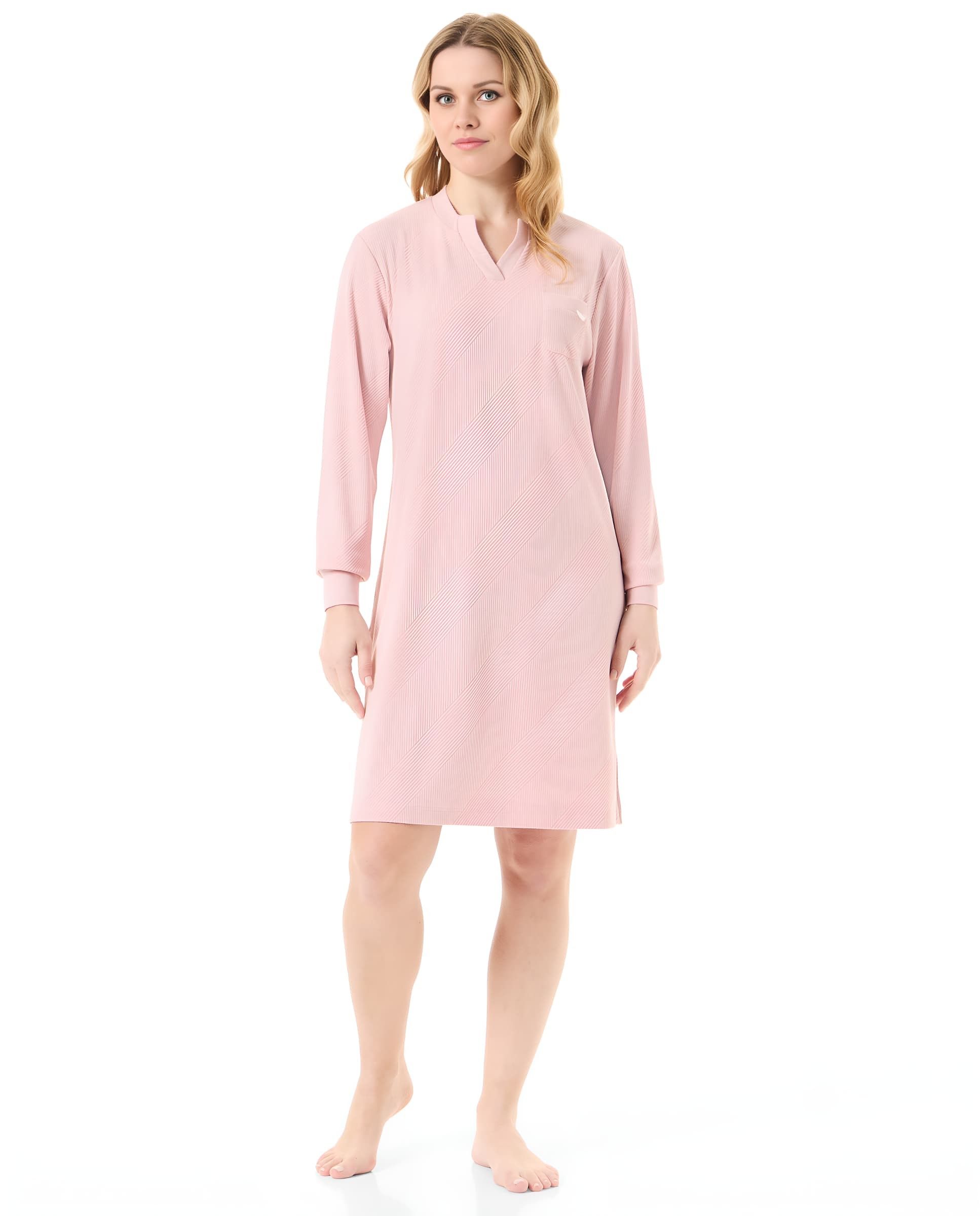 Woman with long ribbed pink nightdress embossed