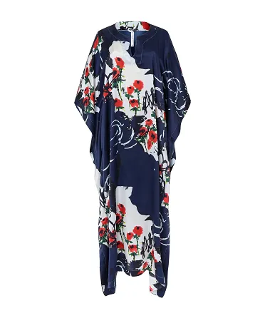 Printed natural silk kaftan with round neckline and central opening with elbow-length butterfly sleeves.