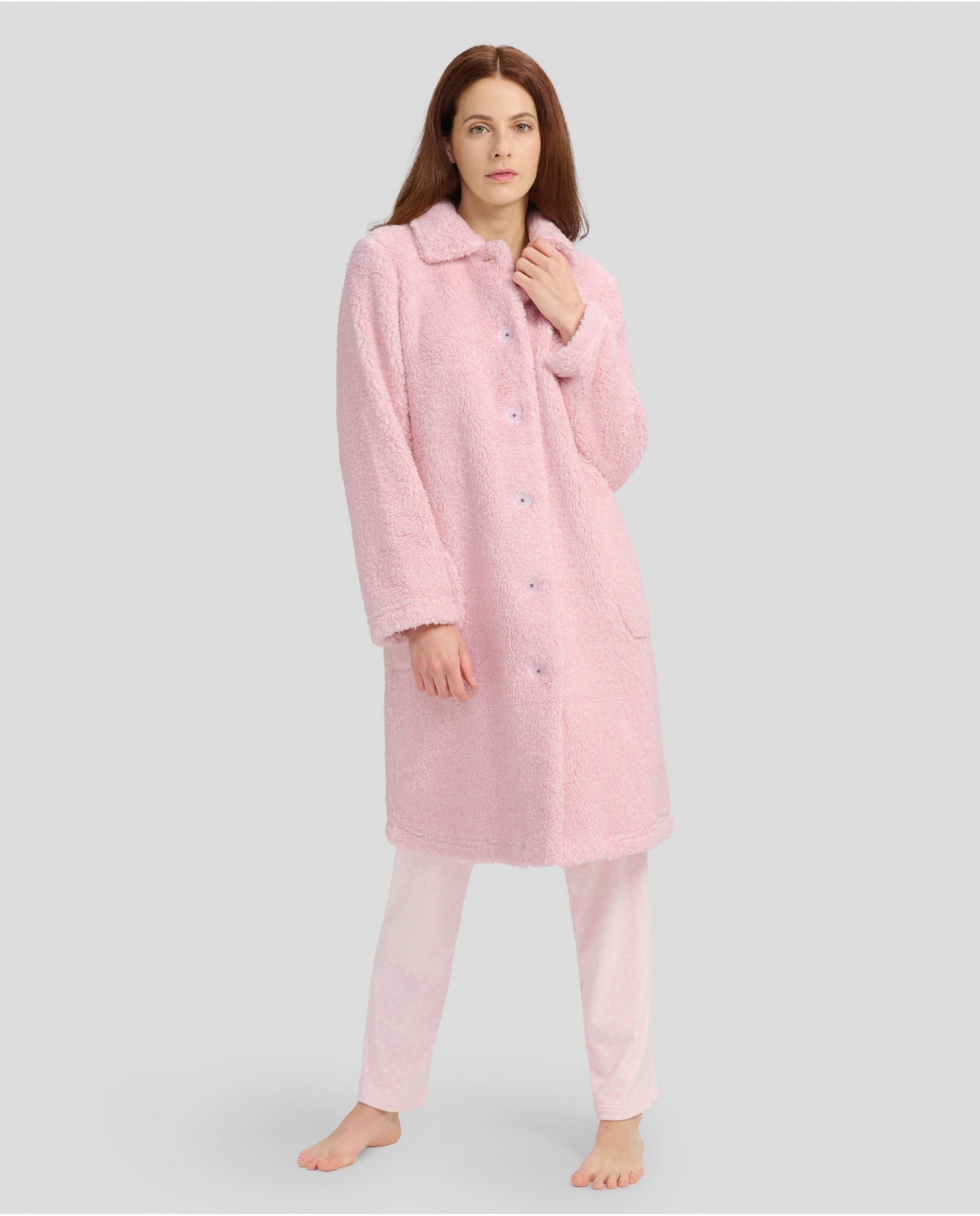 Women's long open winter coat in light pink melange fleece