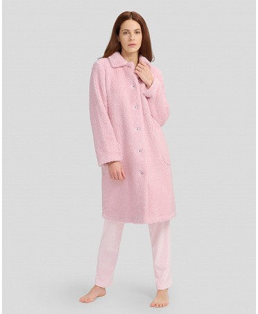 Women's long open winter coat in light pink melange fleece