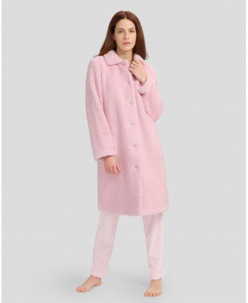 Women's long open winter coat in light pink melange fleece