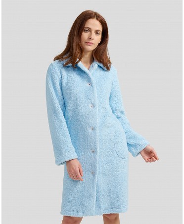 Women's long open winter coat in light blue melange fleece