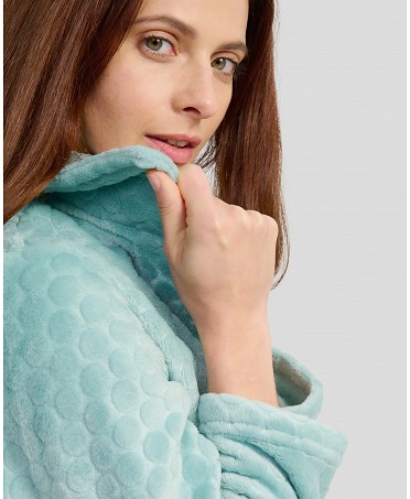 View details of green open long dressing gown with buttons and side pockets