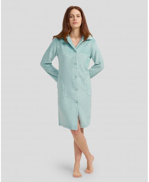 Women's winter long dressing gown jacquard woven green circles with buttons and side pockets