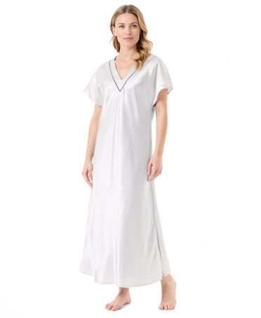 Long grey satin nightdress with V-neck and contrasting velvet trim and bow.