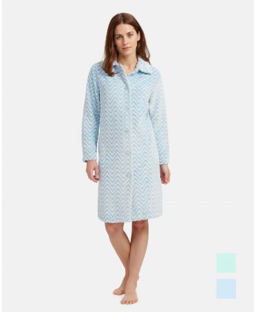 Women's long open winter coat with buttons and side pockets in light blue Zig Zag jacquard.