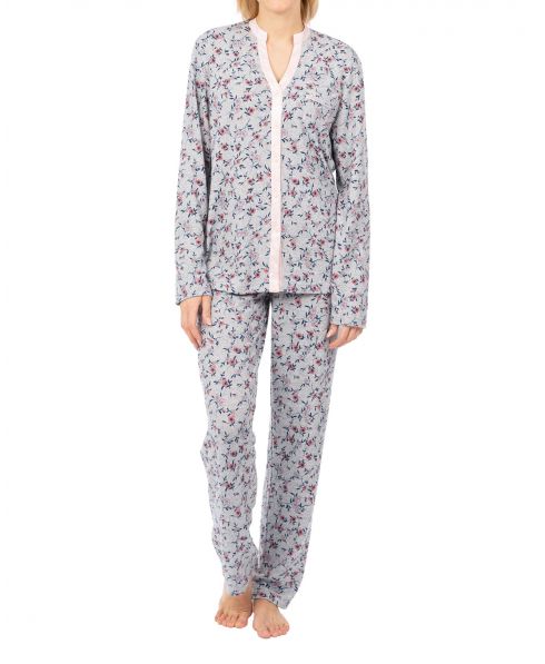 Women's winter long pyjamas open grey flowers