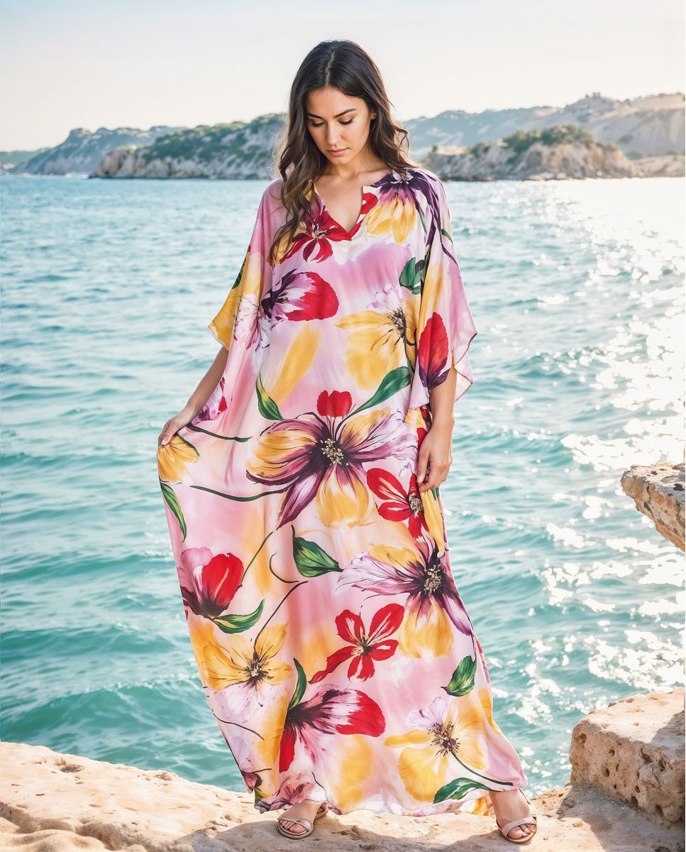 Woman with natural silk kaftan with flowers in pink tones