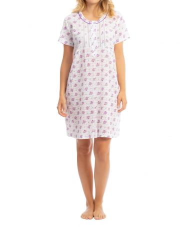woman with short sleeve nightgown for summer with lilac flower print with ornament and interlining.