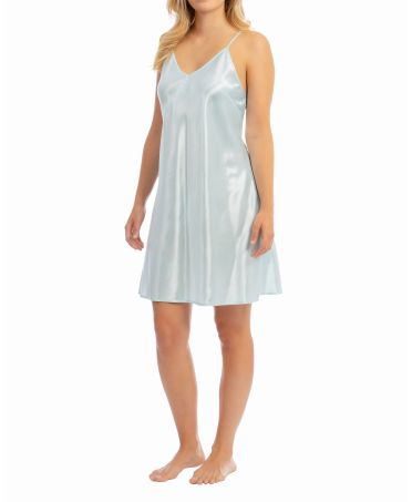 Woman in a turquoise strapless halter-neck summer nightdress with V-neck and straps
