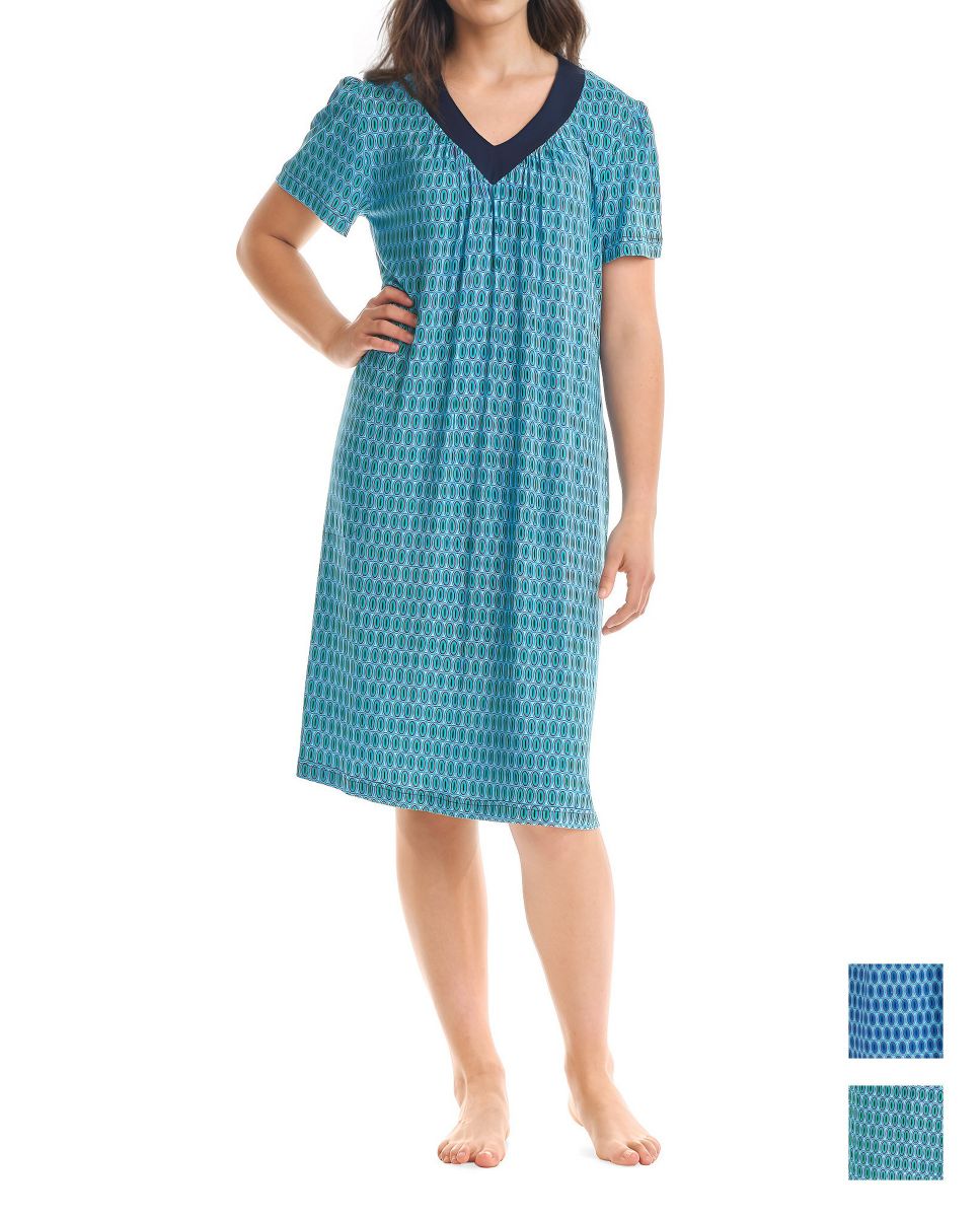 Short beach dress with short sleeves and V-neck, green oval print