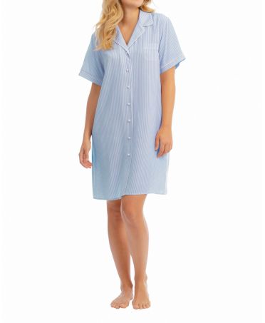 Woman with light blue striped summer nightdress with buttoned buttons