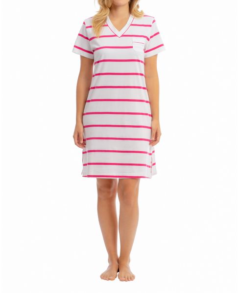 Rear view of pink striped short sleeve nightdress