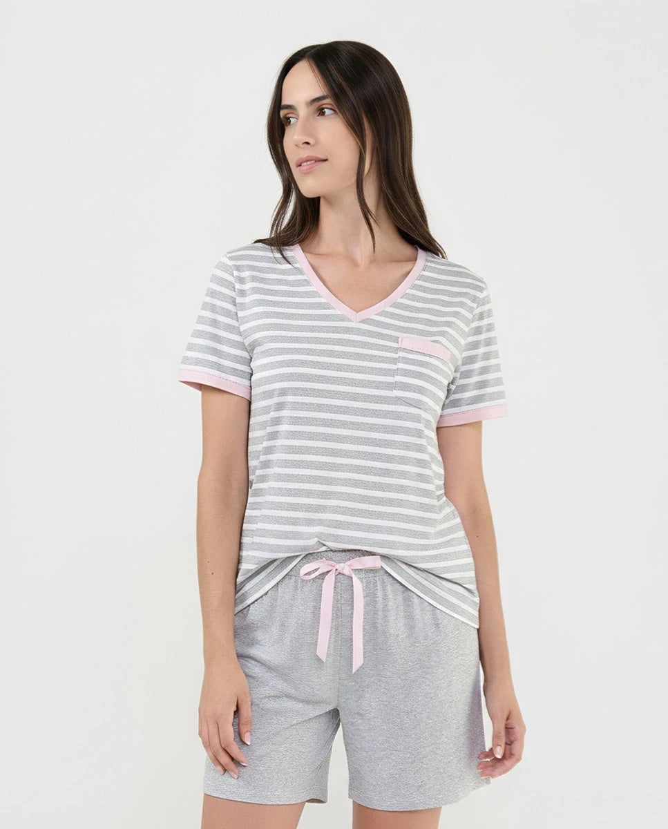 Pijama mujer corto manga corta rayas gris