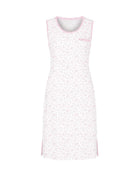 Camisón corto de mujer sin mangas tejido de punto blanco con estampado de florecitas rosas y escote redondo con contraste y bolsillo decorativo.