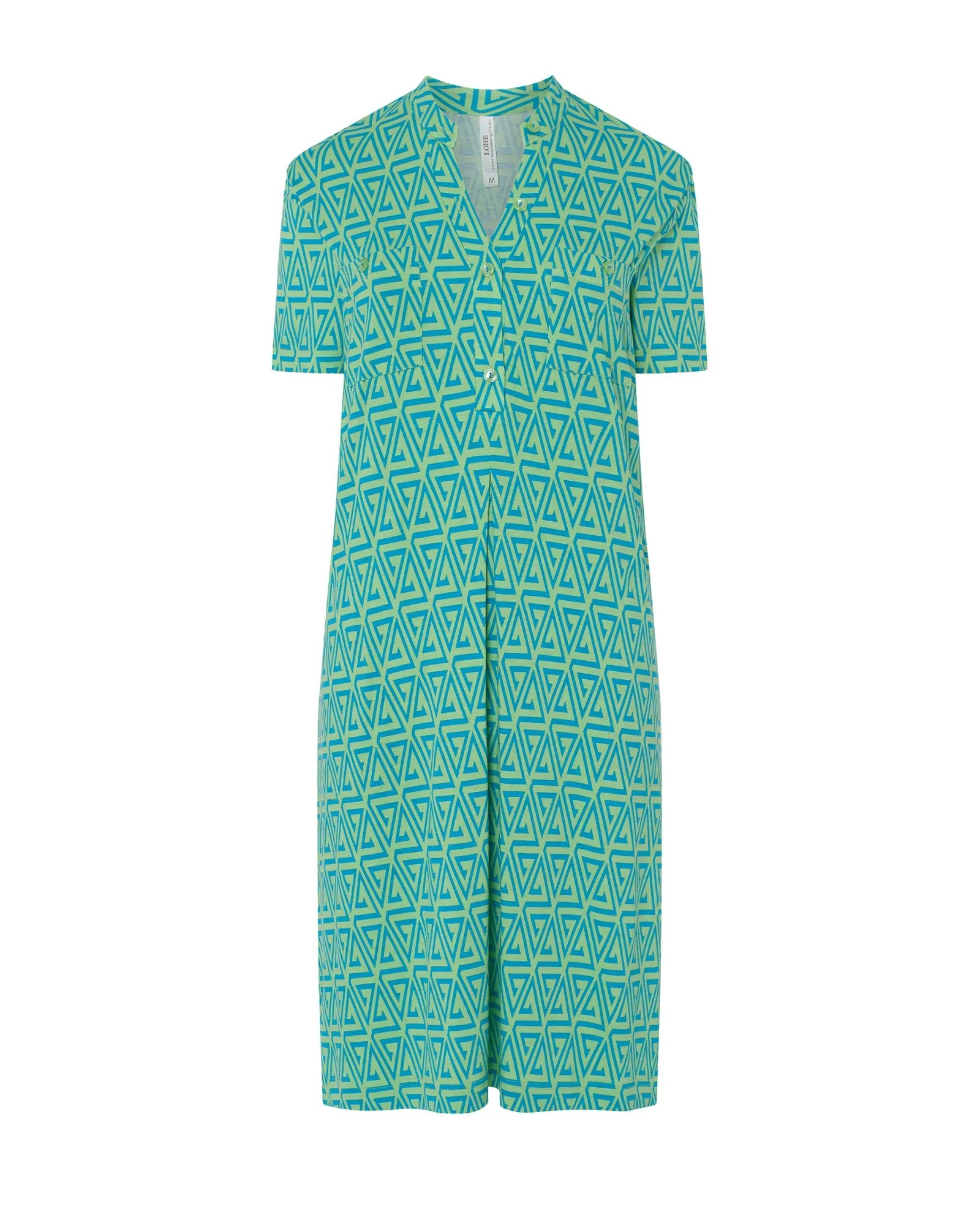 Vestido corto de baño viscosa abierto con pata y botones, geométrico verde, manga corta, cuello tirilla y con bolsillos