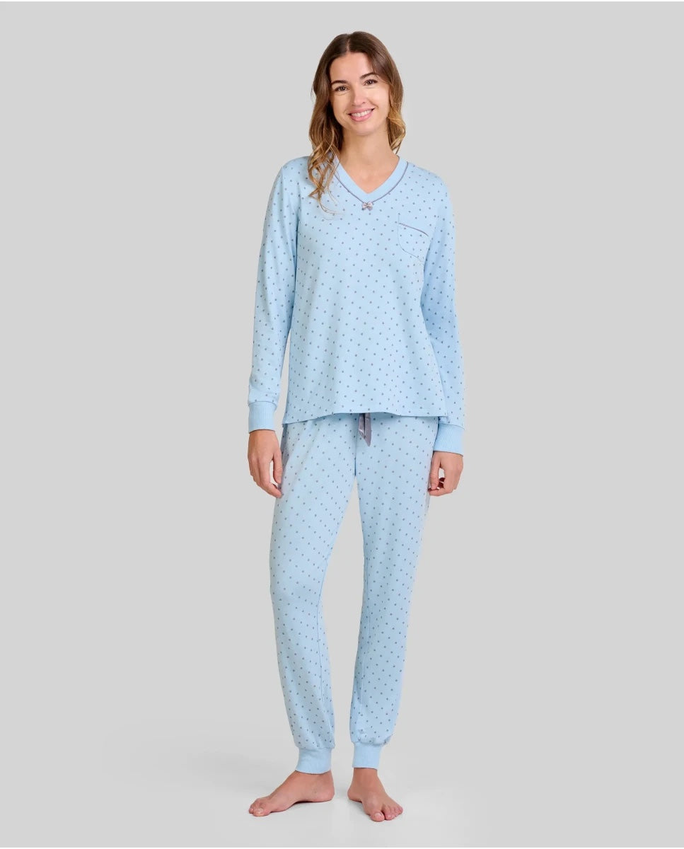 Pijama mujer vigoré celeste a topos cuello pico