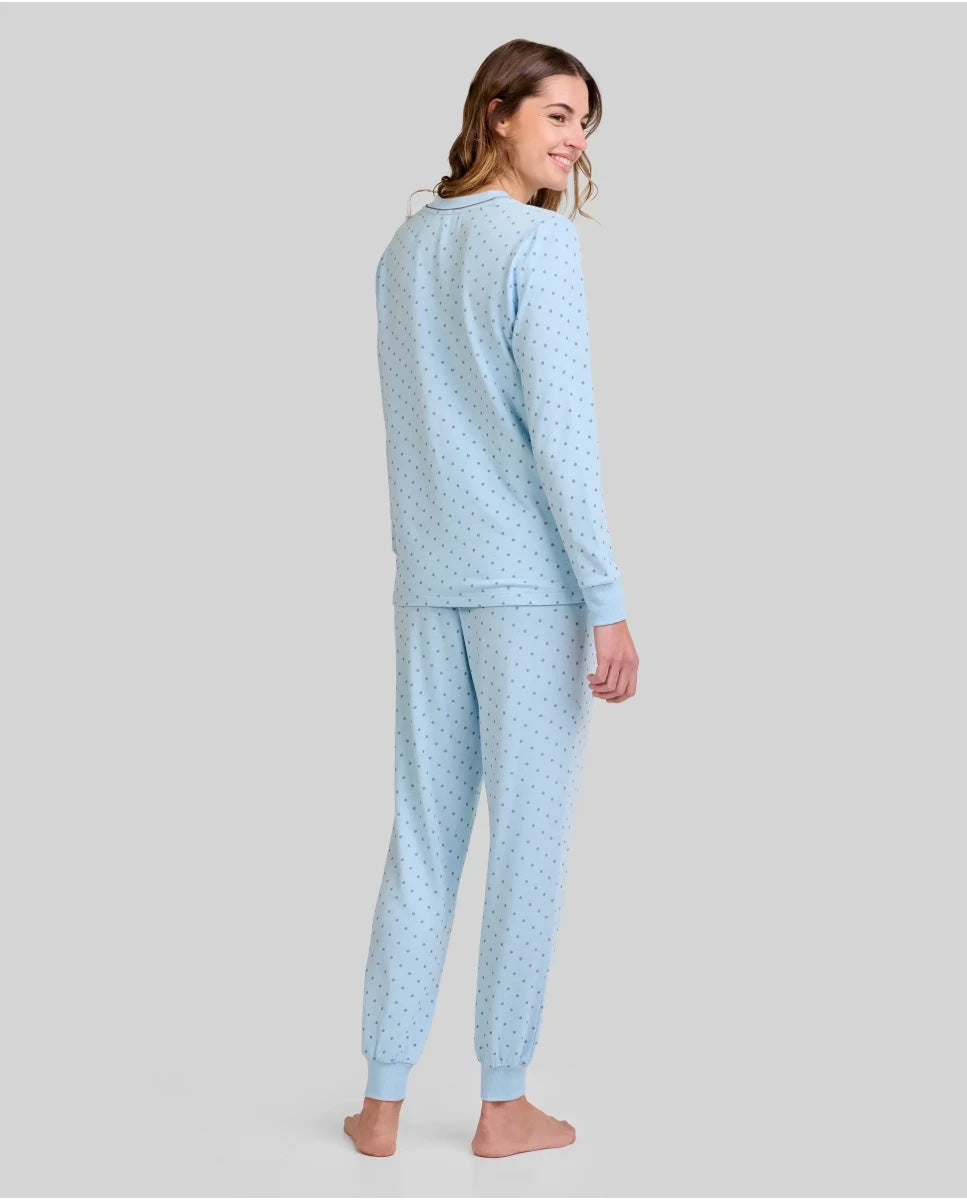 Pijama mujer vigoré celeste a topos cuello pico
