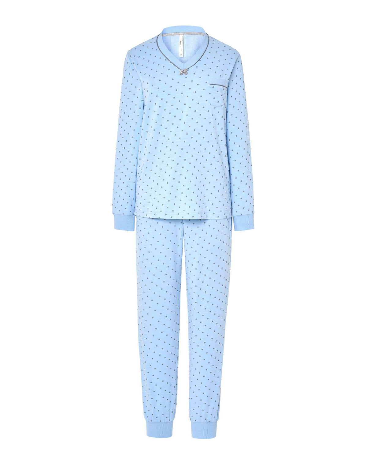 Pijama corto de mujer gris vigoré, top de rayas de manga corta con bies rosa y cuello en pico y bolsillo decorativo . Pantalón corto gris vigoré ajustable con cinta de raso.