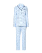 Pijama Lohe de mujer estampado florecitas, abierto con botones, cuello de solapa con vivo, manga larga y pantalón largo.