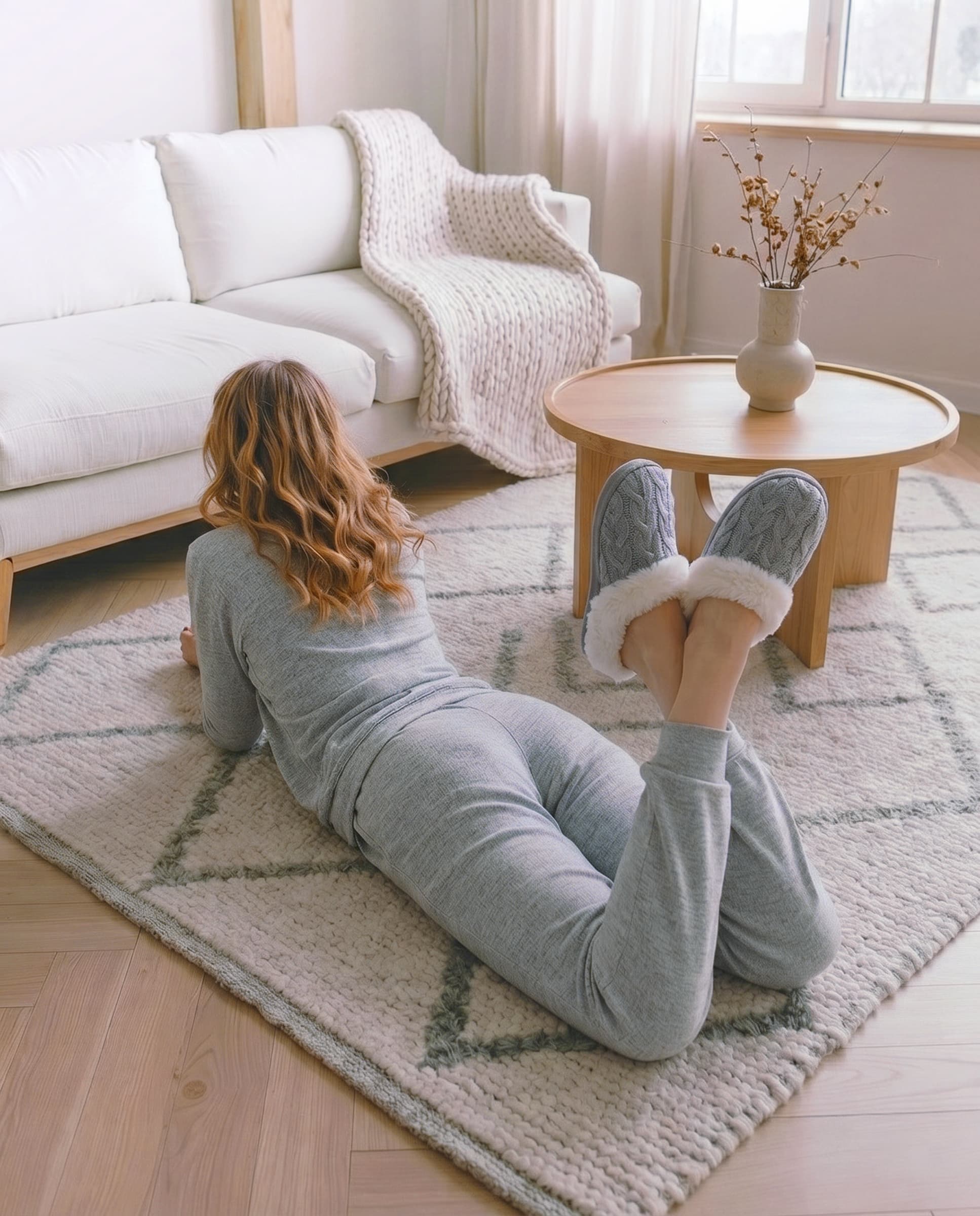 Mujer descansando sobre una alfombra, con unas zapatillas de invierno Lohe cerradas, confeccionadas en tejido de punto trenzado gris vigoré y con forro de borreguillo blanco.